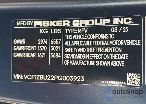 2023 Fisker Ocean One from USA, damaged, VIN VCF1ZBU22PG003923